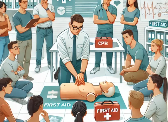 DALL·E 2024-10-17 23.45.43 - An illustration depicting a first aid training scenario. The setting is a classroom or training environment, with a trainer demonstrating CPR (Cardiop