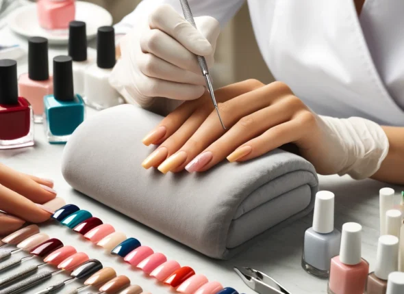 DALL·E 2024-10-20 01.35.09 - A manicure and artificial nail studio where colorful nail polishes, files, and artificial nail materials are neatly arranged on a table. A technician