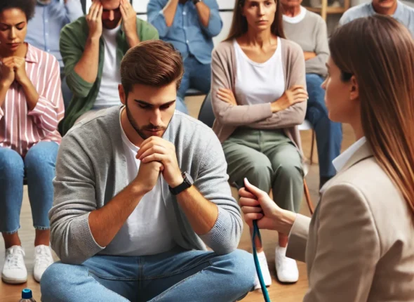 DALL·E 2024-10-20 14.29.33 - A group of individuals participating in an anger management training session. The instructor is demonstrating deep breathing techniques, and the parti