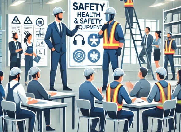 DALLE 2024-11-03 182838 - An illustration of an occupational health and safety training session The scene includes a workplace environment with a trainer demonstrating the use