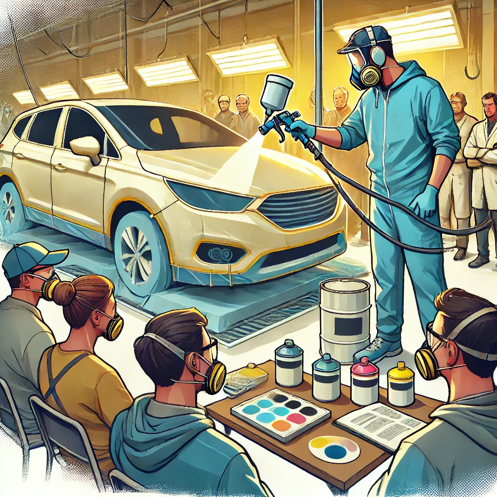 DALLE 2024 11 03 221338 An Illustration Depicting An Auto Painting Training Session The Scene Includes A Workshop Environment With A Trainer Demonstrating Car Painting Techn