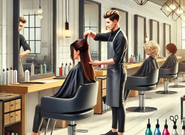 DALLE 2024 11 10 141255 A Modern Hair Salon Scene With A Woman Learning Hair Styling Techniques She Is Practicing Haircuts And Color Application Under The Guidance Of A Prof