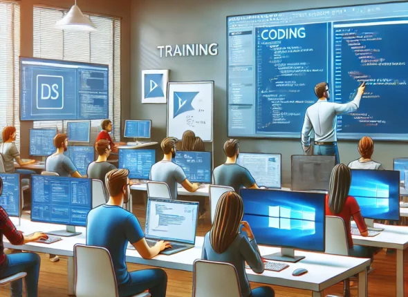 DALLE 2025 02 08 172119 A Modern Computer Training Classroom With Students Learning Various Computer Skills The Scene Includes People Working On Laptops A Teacher Explainin